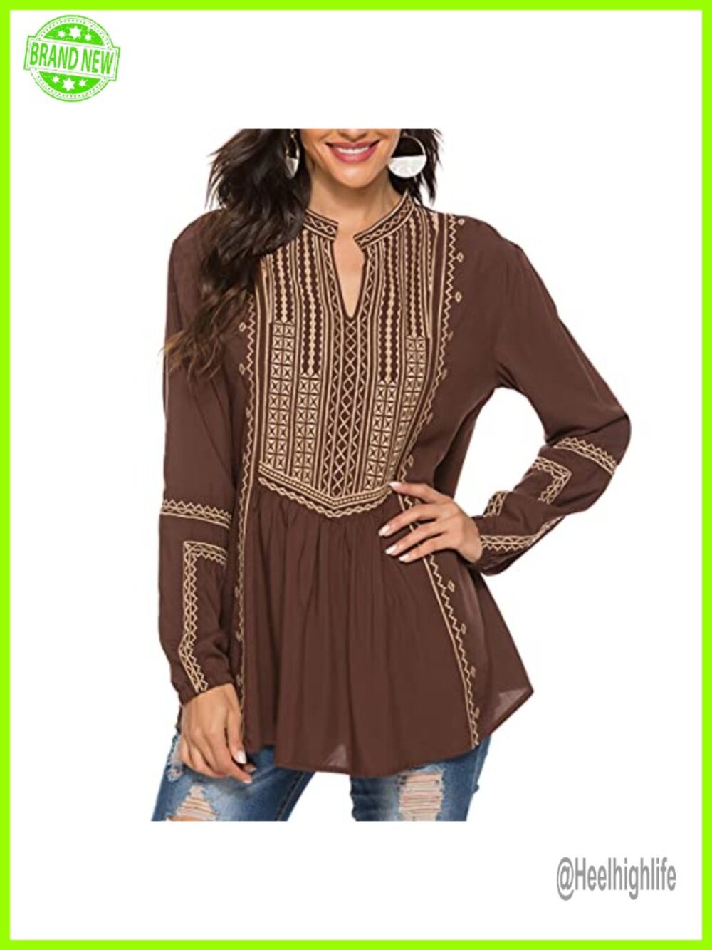 Women's Embroidered Mexican Peasant Tunic Top V-Neck Loose Blouse